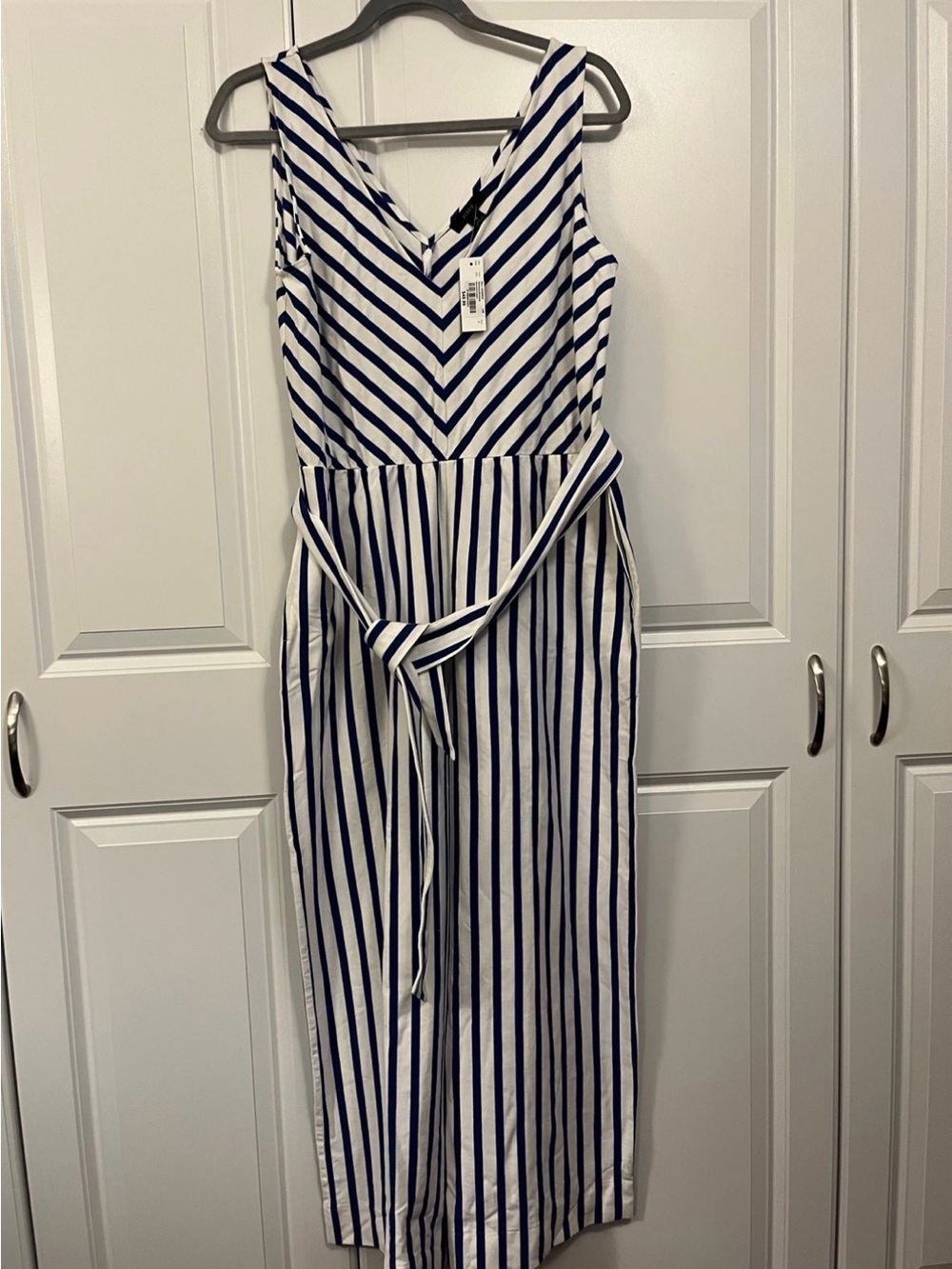 J. Crew Navy and White Striped Sleeveless Jumpsuit with Tie Waist